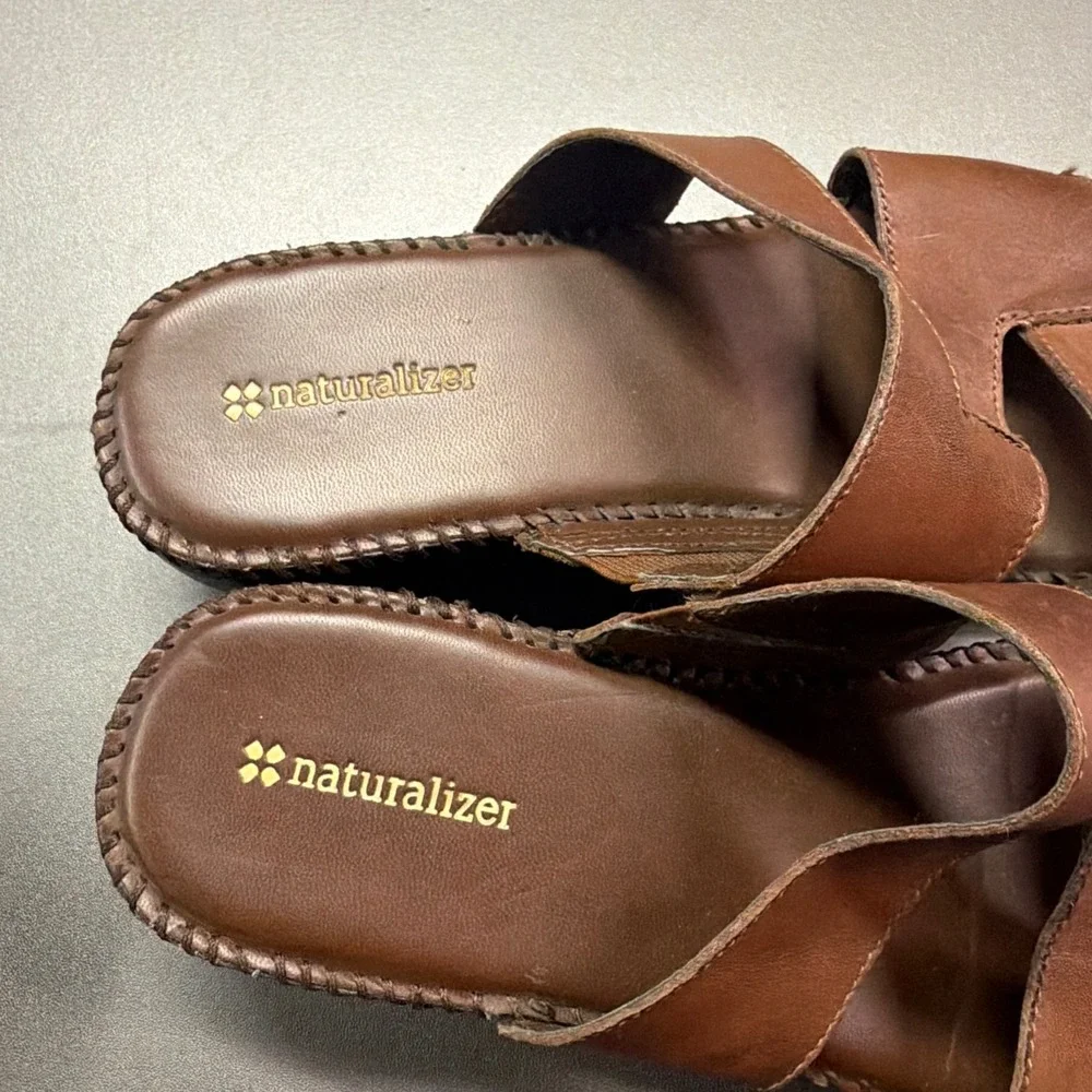 Naturalizer Women's Brown Leather Slide Sandals Wedge Comfort Size 9M